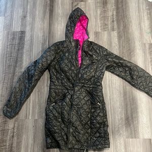 Small petite worn North Face hooded 3/4 length charcoal jacket with pink inside.